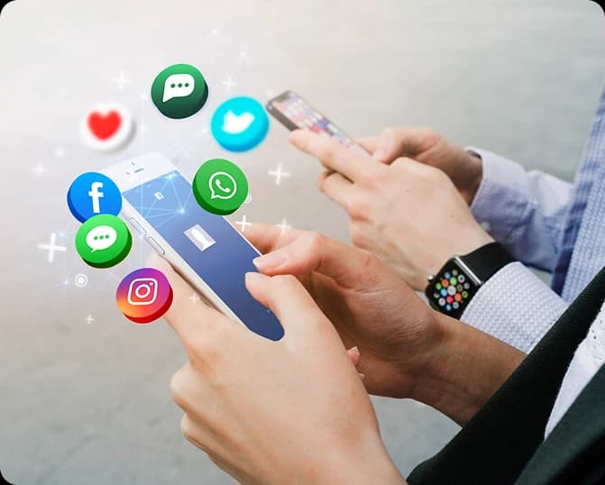 People using smartphones with messaging and social app icons