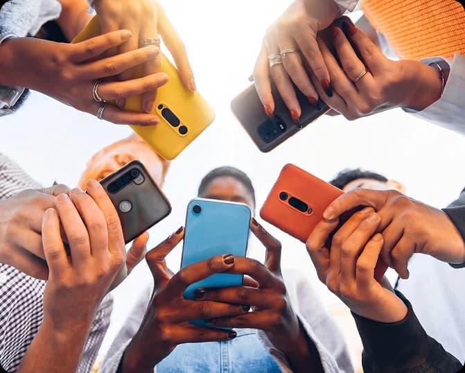 Team collaborating with customer conversation overlays on smartphones
